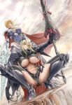  absurdres ahoge armor armored_boots artoria_pendragon_(all) artoria_pendragon_(lancer) artoria_pendragon_(lancer_alter) bangs black_armor black_cape blonde_hair blue_gloves blue_leotard boots braid breasts cape center_opening cleavage covered_navel crown dark_rhongomyniad de_mo_ne fate/grand_order fate_(series) french_braid fur-trimmed_cape fur_trim gauntlets gloves green_eyes hair_between_eyes highleg highleg_leotard highres horns lance large_breasts leotard long_hair looking_at_viewer navel pauldrons polearm red_cape rhongomyniad shoulder_armor sidelocks spread_legs squatting thighhighs two-tone_cape underboob weapon yellow_eyes 
