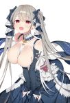  1girl :d absurdres azur_lane bangs between_breasts black_dress breasts cleavage collarbone cowboy_shot detached_collar dress eyebrows_visible_through_hair formidable_(azur_lane) frilled_dress frills grey_hair hair_between_eyes hair_ribbon highres large_breasts leaning_forward long_hair looking_at_viewer maid myao_(o3o333) open_mouth red_eyes ribbon simple_background smile solo twintails two-tone_ribbon v_arms very_long_hair white_background 