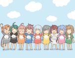  6+girls ahoge akigumo_(kantai_collection) alternate_costume asagumo_(kantai_collection) bangs barefoot blue_sky blunt_bangs braid brown_hair closed_eyes cloud glasses green_hair grey_hair kantai_collection kazagumo_(kantai_collection) long_hair makigumo_(kantai_collection) minegumo_(kantai_collection) multiple_girls murakumo_(kantai_collection) otoufu pink_hair ponytail shirt silver_hair sky t-shirt trait_connection twin_braids usugumo_(kantai_collection) yamagumo_(kantai_collection) yuugumo_(kantai_collection) 