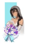 1girl azur_lane black_hair blue_background bouquet braid breasts bridal_veil choker cleavage commission dark_skin dress elbow_gloves flower gloves hair_ornament highres holding holding_bouquet jewelry large_breasts marble_(marblesized) native_american ring skeb_commission south_dakota_(azur_lane) upper_body veil wedding_dress wedding_ring yellow_eyes 