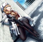  1girl bangs black_footwear black_gloves black_legwear blonde_hair blue_eyes bolt_action breasts city coat eyebrows_visible_through_hair fur_hat girls_frontline gloves gun hand_on_weapon hat highres holding holding_weapon long_hair looking_away medium_breasts mosin-nagant mosin-nagant_(girls_frontline) necktie one_knee open_mouth pantyhose red_neckwear red_star rifle scar scrson shoes side_ponytail sniper_rifle solo standing standing_on_one_leg ushanka weapon white_coat white_headwear 