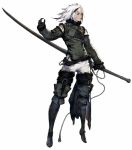  1boy black_gloves boots chain full_body fur_trim gloves medium_hair nier nier_(series) nier_(young) official_art silver_hair solo sword thigh_boots thighhighs weapon yoshida_akihiko 