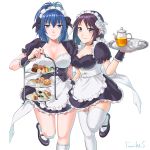  2girls apron blue_eyes blue_hair bread_slice breasts brown_hair cake cake_slice cleavage cuffs cup custard dish expressionless food highres kettle leona_heidern maid maid_apron maid_dress maid_headdress muffin multiple_girls plate purple_eyes sakura_mafumi sandwich short_hair smile teacup the_king_of_fighters thighhighs whip_(kof) zettai_ryouiki 