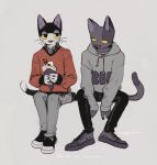  animal_crossing anthro better_version_at_source bob_(animal_crossing) clothing crepe domestic_cat duo felid feline felis footwear hoodie male mammal mucknagabe nintendo punchy_(animal_crossing) shoes topwear video_games 