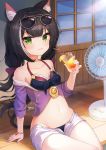  1girl 2drr animal_ear_fluff animal_ears bangs bare_shoulders bikini black_hair blue_bikini blush bow breasts cat_ears cat_girl cat_tail commentary crazy_straw cup drinking_glass drinking_straw electric_fan eyebrows_visible_through_hair eyewear_on_head green_eyes hair_between_eyes hair_bow hand_up highres holding holding_cup jacket karyl_(princess_connect!) long_hair looking_at_viewer low_twintails multicolored_hair off_shoulder open_clothes open_fly open_shorts parted_lips princess_connect! princess_connect!_re:dive purple_bow purple_jacket short_shorts short_sleeves shorts sitting small_breasts solo streaked_hair sunglasses sweat swimsuit tail twintails veranda very_long_hair white_hair white_shorts 