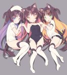  3girls :d :o animal_ear_fluff animal_ears ass ass_visible_through_thighs bangs bare_arms bare_shoulders black_buruma black_swimsuit blade_(galaxist) blue_eyes blush breasts brown_eyes brown_hair buruma cat_ears cat_girl cat_tail commentary competition_school_swimsuit covered_navel dress eyebrows_visible_through_hair green_eyes gym_shirt gym_uniform hat long_hair looking_at_viewer lying multicolored_hair multiple_girls multiple_tails name_tag nekomata nurse nurse_cap on_back on_side one-piece_swimsuit open_mouth original parted_lips pink_hair purple_hair shirt short_eyebrows short_sleeves small_breasts smile swimsuit symbol_commentary tail thick_eyebrows thigh_gap thighhighs two-tone_hair two_side_up two_tails very_long_hair white_dress white_headwear white_legwear white_shirt 