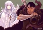  2boys androgynous bandages berserk black_hair blue_eyes dragonslayer_(sword) expressionless facial_scar fighting_stance griffith_(berserk) guts_(berserk) long_hair looking_at_viewer male_focus multicolored_hair multiple_boys nose_scar one_eye_closed red_eyes scar scarf serious short_hair streaked_hair twitter_username two-tone_hair wavy_hair white_hair zonzgong 