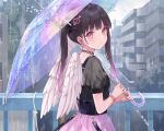  black_hair building choker cropped fukahire_sanba original pink_eyes rain twintails umbrella waifu2x water wings wristwear 