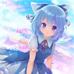  1girl blue_dress blue_eyes blue_hair bow cirno cowboy_shot dress dutch_angle hair_bow ice ice_wings looking_at_viewer neck_ribbon pinafore_dress pout puffy_short_sleeves puffy_sleeves red_ribbon ribbon short_hair short_sleeves signature solo touhou wings yunagi_(arukumaruta) 