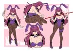  1girl animal_ears arms_under_breasts bangs bare_shoulders blush breasts bunny_ears bunny_girl bunny_tail bunnysuit champagne_flute cleavage collarbone crossed_arms crossed_legs cup detached_collar drinking_glass eyebrows_visible_through_hair fake_animal_ears fake_tail fate/grand_order fate_(series) fishnet_legwear fishnets gae_bolg grin hair_between_eyes highres kakiyokan large_breasts leotard long_hair looking_at_viewer multiple_views pantyhose polearm profile scathach_(fate)_(all) scathach_(fate/grand_order) sitting smile spear strapless strapless_leotard tail teeth weapon wrist_cuffs 