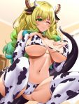  1girl animal_ears animal_print areola_slip areolae bell bell_collar blonde_hair blush breasts cleavage collar cow_bell cow_ears cow_girl cow_horns cow_print dragon_girl dragon_horns enmanuelart20 gradient_hair green_hair horns kobayashi-san_chi_no_maidragon large_breasts long_hair multicolored_hair navel one_eye_closed quetzalcoatl_(maidragon) smile solo squatting tail thighhighs underboob 