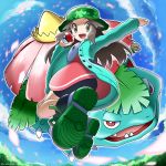  1girl :d arms_up ass bangs bike_shorts black_footwear blue_sky blush brown_eyes brown_hair cloud commentary_request dress fanny_pack full_body gen_1_pokemon glint green_headwear green_jacket hat highres holding holding_poke_ball jacket jumping leaf_(pokemon) long_hair long_sleeves looking_at_viewer open_clothes open_jacket open_mouth parted_bangs petals pink_dress poke_ball poke_ball_(basic) pokemon pokemon_(creature) pokemon_(game) pokemon_masters_ex porkpie_hat shoes shorts_under_dress sidelocks sky smile sneakers solo_focus starter_pokemon twisted_torso twitter_username venusaur yamane_(viq4201) 