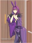  1girl animal_ears breasts bunny_ears bunny_girl bunnysuit detached_collar dress fake_animal_ears fate/grand_order fate_(series) feather_trim fur-trimmed_dress fur_trim hair_between_eyes headpiece highres huge_breasts leotard playboy_bunny_leotard purple_dress purple_hair purple_ribbon red_eyes ribbon scathach_(fate)_(all) scathach_skadi_(fate/grand_order) solo strapless strapless_leotard tiara zumizu 