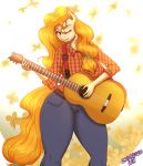 anthro anthrofied big_breasts bottomwear breasts clothed clothing denim denim_clothing english_text equid equine friendship_is_magic fully_clothed green_eyes guitar hair hasbro hi_res jeans long_hair mammal musical_instrument my_little_pony one_eye_closed orange_hair pants pear_butter_(mlp) plucked_string_instrument portrait shirt signature string_instrument text thick_thighs three-quarter_portrait tied_hair topwear wink wolfmask 