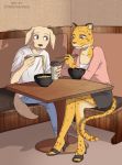  2020 anthro beastars better_version_at_source beverage bird_dog bottomwear bowl canid canine canis cheetah chopsticks clothed clothing digital_media_(artwork) domestic_dog duo eating felid feline female food fur furniture hi_res holding_beverage holding_chopsticks holding_object hunting_dog jack_(beastars) labrador looking_at_another looking_down male male/female mammal noodles open_mouth restaurant retriever romantic_couple shiira_(beastars) shirt skirt smile t-shirt table teeth tommysamash topwear yellow_body yellow_fur 