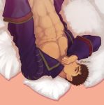  1boy abs alternate_costume bara berserk black_hair brown_eyes chest cover cover_page covering_mouth doujin_cover facial_scar guts_(berserk) male_focus muscle navel nipples nose_scar nude open_clothes pillow scar short_hair solo toned toned_male twitter_username upside-down zonzgong 