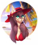  anthro bikini blue_eyes breasts brown_body brown_fur brown_hair catherinemeow clothed clothing detailed_background domestic_cat felid feline felis female fur hair hat headgear headwear hi_res mammal multicolored_body multicolored_fur open_mouth partially_clothed solo swimwear teeth tongue two_tone_body two_tone_fur 
