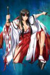  1girl black_footwear black_hair blind blue_eyes breasts cleavage collarbone dual_wielding hakama headband holding holding_sword holding_weapon japanese_clothes katana large_breasts long_hair long_sleeves looking_at_viewer low-tied_long_hair miko official_art parted_lips queen&#039;s_blade queen&#039;s_blade_rebellion queen&#039;s_blade_white_triangle red_hakama red_headband sheath sidelocks simple_background solo sword tabi tomoe torn_clothes very_long_hair weapon wide_sleeves 
