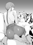  1girl animal ass bangs barefoot chainsaw_man chicke_iii commentary dog feet greyscale highres licking light_smile long_hair long_sleeves long_tongue looking_at_viewer looking_back makima_(chainsaw_man) monochrome pants pet ponytail ringed_eyes saliva shirt sitting smile soles solo toenails tongue very_long_hair 