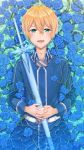  1boy absurdres bangs blonde_hair blue_flower blue_jacket blue_rose commentary_request eugeo facing_viewer flower green_eyes hair_between_eyes hands_on_own_stomach highres holding holding_sword holding_weapon jacket liang_an long_sleeves looking_at_viewer lying male_focus on_back open_mouth pants partially_submerged rose sheath sheathed short_hair smile solo sword sword_art_online water weapon 