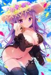  1girl bikini black_bikini black_legwear blue_sky breasts bubble_tea day drink flower hat hat_flower large_breasts long_hair looking_at_viewer navel ocean original purple_eyes purple_hair shiromochi_sakura sky solo sun_hat swimsuit very_long_hair water 