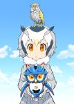  1girl animal_ears character_request closed_mouth cloud coat commentary_request copyright_request crossover fur_collar head_wings kemono_friends looking_at_viewer multicolored_hair northern_white-faced_owl_(kemono_friends) short_hair ueyama_michirou white_hair 