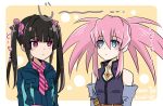  2girls artist_name bare_shoulders belt black_hair blue_eyes blush_stickers dated elbow_gloves gloves hair_between_eyes hair_ribbon highres jewelry kiraki long_hair long_sleeves looking_at_another multiple_girls necktie pendant pink_hair presea_combatir red_eyes ribbon senki_zesshou_symphogear sidelocks star_(symbol) tales_of_(series) tales_of_symphonia tsukuyomi_shirabe twintails uniform 