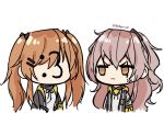  2girls :3 anger_vein artist_name black_jacket brown_hair bsapricot chibi closed_mouth girls_frontline grey_hair hair_ornament highres jacket looking_at_another multiple_girls scar scar_across_eye shirt siblings side_ponytail signature simple_background twins twintails ump45_(girls_frontline) ump9_(girls_frontline) white_background white_shirt 