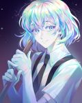  1other androgynous black_neckwear collar collared_shirt diamond_(houseki_no_kuni) elbow_gloves gem_uniform_(houseki_no_kuni) gloves highres houseki_no_kuni hsh7955 looking_at_viewer multicolored multicolored_eyes multicolored_hair necktie rainbow_hair shirt short_hair short_sleeves smile solo sparkle weapon white_gloves 