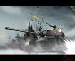  artist_name caterpillar_tracks commentary_request emblem explosion fighting_stance ground_vehicle gun is-2 machine_gun military military_vehicle motor_vehicle no_humans original ryuu_tou snow snowing soviet star_(symbol) tank weapon 