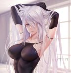  1girl arm_strap armpits arms_behind_head arms_up azto_dio bare_shoulders black_gloves blue_eyes breasts closed_mouth collarbone commentary elbow_gloves gloves hair_over_one_eye highres indoors large_breasts long_hair looking_at_viewer mole mole_under_mouth nier_(series) nier_automata silver_hair solo taut_clothes very_long_hair white_hair window yorha_type_a_no._2 