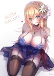  1girl absurdres arms_behind_back black_legwear blonde_hair blue_dress blue_eyes blush braid breasts cleavage collarbone dress english_text eyebrows_visible_through_hair flower girls_frontline hair_flower hair_ornament heart heart_print highres jewelry large_breasts long_hair looking_at_viewer martinreaction mosin-nagant_(girls_frontline) necklace seiza sitting sitting_on_floor smile solo thighhighs white_background 