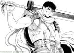  1boy bara berserk black_hair blood blood_on_face bruise bruise_on_face chest dagger dragonslayer_(sword) facial_scar greyscale guts_(berserk) injury male_focus monochrome muscle nose_scar over_shoulder scar short_hair solo sword sword_over_shoulder toned toned_male twitter_username upper_body weapon weapon_over_shoulder zonzgong 