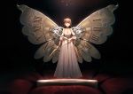  1girl bare_shoulders breasts brown_hair brown_wings butterfly_wings cleavage closed_eyes closed_mouth commentary_request dress facing_viewer lexington_(warship_girls_r) medium_breasts off-shoulder_dress off_shoulder pleated_dress roman_numerals solo sparkle standing warship_girls_r white_dress wings xiaoyin_li 