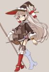  1girl adapted_costume amatsukaze_(kantai_collection) boots bottle bracelet brown_dress brown_eyes choker dress eyebrows_visible_through_hair frilled_boots frilled_hat frills full_body garter_straps gloves grey_hair hair_tubes hat high_heel_boots high_heels jewelry kantai_collection lifebuoy long_hair long_sleeves looking_at_viewer monaka_ooji potion red_legwear rensouhou-kun sailor_dress simple_background single_glove sleeve_cuffs solo staff thigh_boots thighhighs two_side_up very_long_hair walking white_background white_gloves witch_hat 