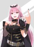  1girl black_dress breasts capelet cloak death_(entity) dress eyebrows_visible_through_hair grim_reaper hololive hololive_english huge_breasts large_breasts long_hair looking_at_viewer mori_calliope pink_eyes pink_hair red_eyes smile solo spikes very_long_hair virtual_youtuber 