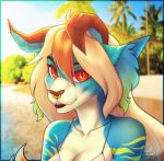  anthro bikini blue_body blue_fur breasts catherinemeow clothing detailed_background female fur hair hi_res horn multicolored_body multicolored_fur open_mouth open_smile orange_eyes smile solo swimwear teeth two_tone_body two_tone_fur white_body white_fur white_hair 