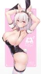  1girl absurdres animal_ears armpits arms_up asla_yu azur_lane bangs bare_shoulders black_leotard blush breasts bunny_girl bunny_tail bunnysuit cleavage detached_collar detached_sleeves ear_gesture eyebrows_visible_through_hair fake_animal_ears hair_between_eyes highres large_breasts leotard looking_at_viewer parted_lips puffy_short_sleeves puffy_sleeves red_eyes short_hair short_sleeves signature silver_hair sirius_(azur_lane) solo standing strapless strapless_leotard tail thighhighs thighs white_legwear wrist_cuffs 
