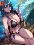  1girl bangs belt bikini black_bikini black_cape black_ribbon blue_eyes breasts byleth_(fire_emblem) byleth_(fire_emblem)_(female) cape capelet cleavage crossed_legs eyebrows_visible_through_hair eyelashes fingernails fire_emblem fire_emblem:_three_houses fire_emblem_heroes flower green_hair hair_flower hair_ornament hibiscus highres knife knife_holster large_breasts lips looking_at_viewer moisture_(chichi) navel pink_nails revision ribbon side-tie_bikini sidelocks sitting solo swimsuit thighs wet 