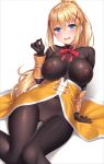  1girl areolae bangs blonde_hair blue_eyes blush bodystocking bodysuit braid breasts breasts_apart cameltoe commentary_request covered_navel covered_nipples darkness_(konosuba) dress hair_ornament impossible_bodysuit impossible_clothes kono_subarashii_sekai_ni_shukufuku_wo! lambda_(kusowarota) large_breasts open_mouth ponytail red_ribbon ribbon sidelocks solo sweatdrop white_background 