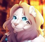  anthro blue_eyes catherinemeow clenched_teeth clothed clothing detailed_background felid fur hair headshot_portrait lion male mammal open_mouth open_smile pantherine portrait smile solo teeth white_body white_fur 