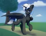  2019 absurd_res airfly-pony black_body black_feathers black_fur black_wings blue_eyes blue_highlights cloud cutie_mark equid fan_character feathered_wings feathers feral fur hasbro hi_res highlights_(coloring) horn inner_ear_fluff looking_at_viewer male mammal mane my_little_pony outside signature solo text tree tuft walking white_mane white_tail winged_unicorn wings 