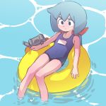  1girl blue_hair commentary constanze_amalie_von_braunschbank-albrechtsberger floating highres innertube little_witch_academia long_hair orange_peel_(artist) robot school_swimsuit solid_eyes stanbot_(little_witch_academia) swimsuit water 