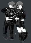  2girls bangs belt_pouch breast_pocket clothes_writing cropped_legs freckles frown gloves greyscale hair_ornament hair_scrunchie hand_on_own_face holster jacket kazunon knee_pads long_sleeves looking_at_viewer midriff monochrome multiple_girls navel open_clothes open_jacket pants pocket police police_uniform pouch profile psycho-pass scrunchie shimotsuki_mika short_hair shorts side_ponytail sidelocks simple_background sleeves_folded_up tsunemori_akane uniform unzipped zipper 