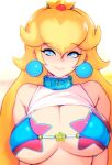  alternate_costume bikini bikini_top blonde_hair blue_eyes breasts cleavage crown doxy earrings eyebrows_visible_through_hair gem jewelry large_breasts long_hair mario_(series) princess_peach shirt_lift simple_background star_(symbol) swimsuit white_background 