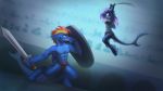  2019 absurd_res airfly-pony anthro arena blonde_hair blue_body clenched_teeth clothed clothing countershade_face countershade_torso countershading duo elpida equid equine fan_character female fight fish hair hasbro hi_res horse hybrid jumping looking_at_another male mammal marine melee_weapon midair multicolored_hair muscular muscular_male my_little_pony navel orange_hair pony purple_eyes purple_hair shark shark_tail shield signature sword teeth text underwear weapon wing_hurricane 