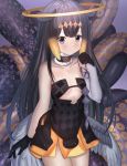  1girl ame_sagari bangs bare_shoulders black_dress black_gloves black_hair blue_eyes blush breasts brown_hair closed_mouth collarbone commentary_request detached_sleeves dress eyebrows_visible_through_hair feathered_wings gloves gradient_hair grey_sleeves grey_wings halo hand_up highres hololive hololive_english long_hair long_sleeves looking_at_viewer low_wings mole mole_under_eye multicolored_hair ninomae_ina&#039;nis sidelocks single_detached_sleeve sleeves_past_wrists small_breasts smile solo strapless strapless_dress tentacles very_long_hair virtual_youtuber wings 