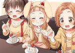  3girls :d :t ^_^ akagi_miria animal_ears animal_hood bangs black_hair blurry blurry_background blurry_foreground blush bow brown_background brown_eyes brown_hair brown_jacket brown_shirt bunny_ears bunny_hood cake cake_slice closed_eyes closed_mouth couch depth_of_field drawstring eating fake_animal_ears food food_on_face forehead hair_ornament hairclip holding holding_spoon hood hood_up hooded_jacket ichihara_nina idolmaster idolmaster_cinderella_girls jacket long_hair long_sleeves multiple_girls on_couch open_clothes open_jacket open_mouth parted_bangs plate red_bow ryuuzaki_kaoru shirt sitting smile spoon striped striped_shirt table thick_eyebrows twintails two-tone_background upper_teeth very_long_hair white_background yukie_(kusaka_shi) 