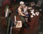 1boy 1girl ass_grab bike_shorts black_hair boots breasts carpet chair cleavage dante_(devil_may_cry) devil_may_cry devil_may_cry_3 eye_contact food hetero imminent_kiss jacket jacket_removed kalina_ann_(weapon) lady_(devil_may_cry) looking_at_another magazine ozkh6 phone pizza pizza_box pizza_slice rebellion_(sword) shirtless short_hair silver_hair smile sword weapon 