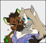  &lt;3 anthro anthro_on_anthro black_hair blonde_hair blue_eyes blush breasts brown_body brown_eyes brown_fur catherinemeow clothed clothing domestic_cat duo felid feline felis female fur green_body green_fur grey_body grey_fur hair hi_res hyaenid interspecies love male male/female mammal multicolored_body multicolored_fur multicolored_hair romantic_ambiance romantic_couple simple_background two_tone_body two_tone_fur two_tone_hair white_body white_fur 